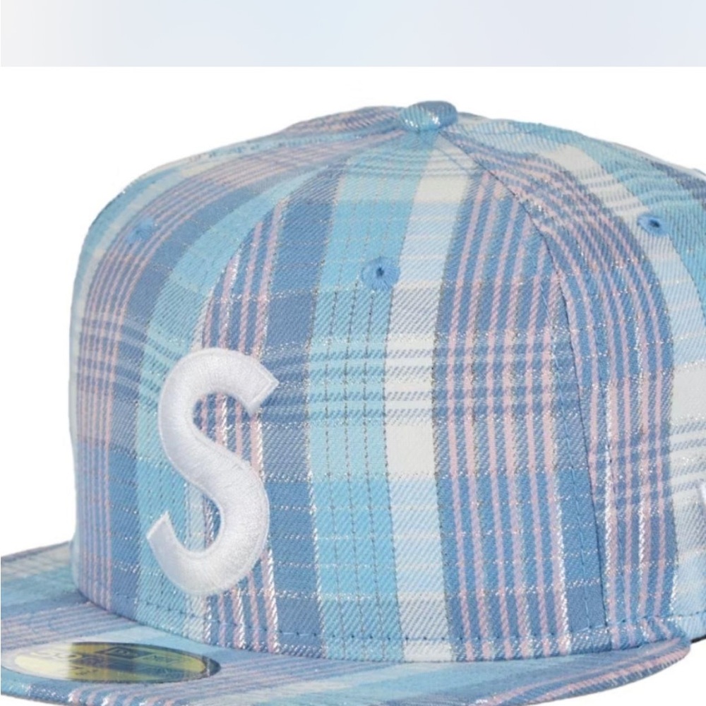 NWT Supreme Metallic Blue Plaid "S" Logo New Era Cap Size 7 3/4